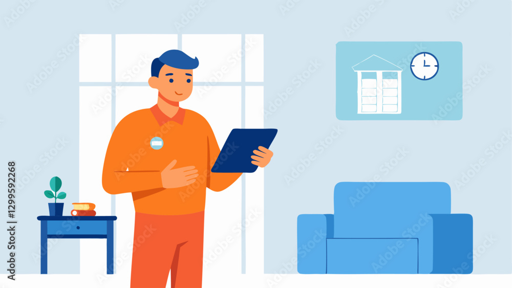 Poster technician with a tablet a technician stands in a living room using a tablet to configure a smart th