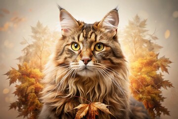 Fototapeta premium Maine Coon Cat Vintage Double Exposure Film Grain Stock Photo