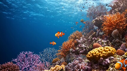 Fototapeta premium Vibrant Coral Reef Scene Tropical Fish Ocean Underwater