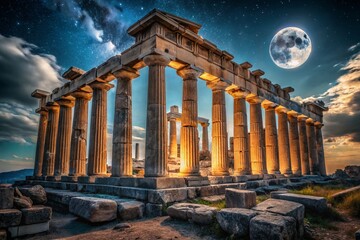 Majestic Ancient Greek Ruins at Night - Illuminated Stone Architecture