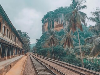 Train tracks near cliffside temple