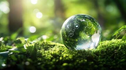green technology globe on moss in forest