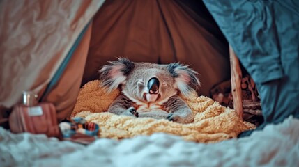 Naklejka premium Adorable Koala Sleeping Peacefully in Cozy Tent