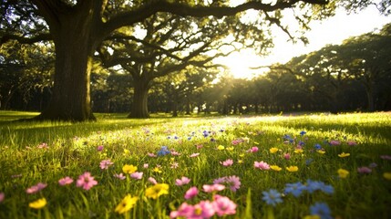 Fototapeta premium Serene Spring Meadow Sunlit Wildflowers Oak Trees Tranquil Nature Scene