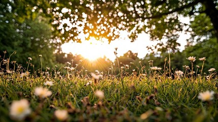 Fototapeta premium Serene Spring Meadow Sunlit Flowers Grass Nature
