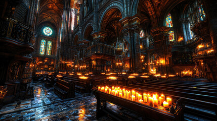 Naklejka premium A serene candlelit interior of a grand cathedral, showcasing intricate architecture and stained glass windows