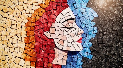 Colorful Mosaic Portrait of Woman  Artistic Tiles  Abstract Face