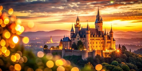 Fototapeta premium Majestic Castle Building at Dusk, Bokeh Lights, Romantic Atmosphere