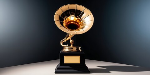 Vintage Golden Gramophone Trophy on a Wooden Base, Symbolizing Music Excellence, Retro Audio Technology, and Classic Sound in a Timeless and Elegant Style
