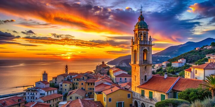 Majestic Campanile Cervo Imperia Coastal Landscape, Italian Riviera Panorama