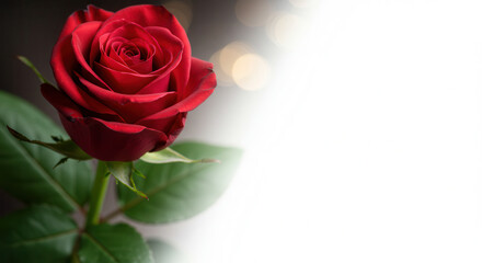 Red Rose in Bloom with Green Leaves in Natural Light Close-Up
