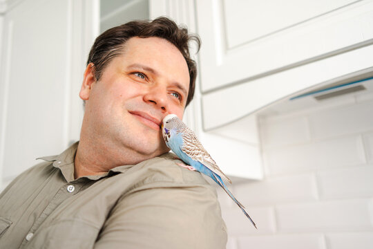 Man bonding with pet parakeet on a cozy afternoon at home