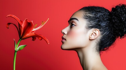 Fototapeta premium Woman smelling red lily flower beauty nature profile red background