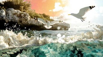 Coastal Tranquility  Seagulls Soaring Over Paper Cut Waves