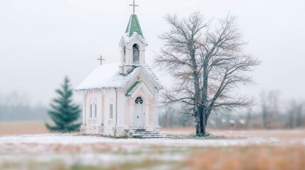 Serene Winter Church Landscape  Snow  Tree  Faith  Tranquility