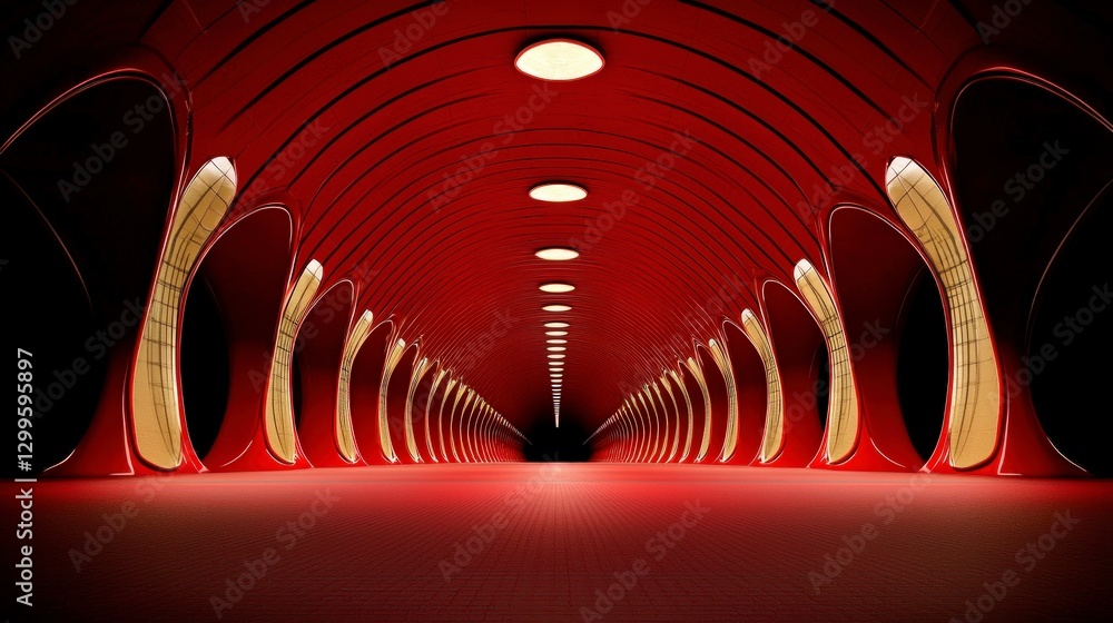 Aufkleber futuristic red corridor abstract architecture geometric design illuminated tunnel