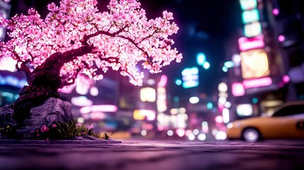 Illuminated Cherry Blossom Bonsai in Vibrant Cityscape at Night