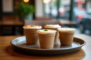 Close-up of tray with assorted takeout coffee cups in city cafe, urban, tray, caffeine