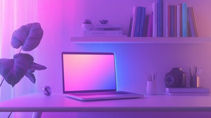 Modern workspace with laptop, plant, and camera bathed in neon glow ambiance