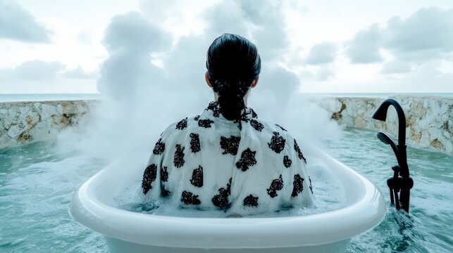 Woman Relaxing in Outdoor Bathtub  Ocean View  Spa Day  Tranquil Scene