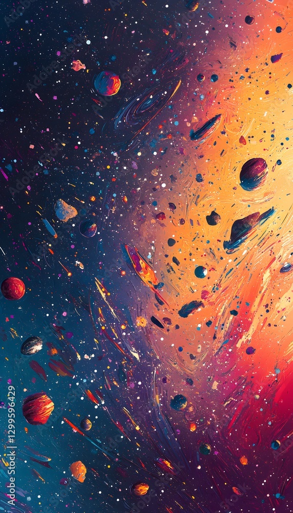 Poster abstract artwork depicting planets and celestial objects in space