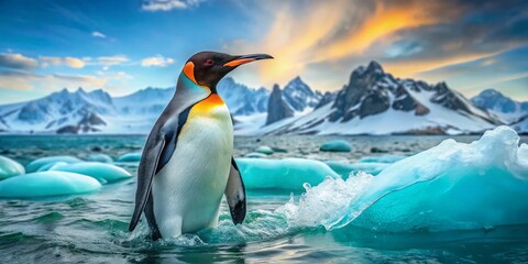 Fototapeta premium Majestic King Penguins Emerging from Antarctic Icy Waters