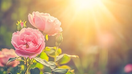 Obraz premium Beautiful Pink Roses Blooming in Sunlight Garden