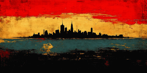 Iconic Urban Skyline with Abstract Vintage Grunge Art Featuring Sunset Horizon Over Vibrant Waters - Stunning Vector Art for Modern Cityscape Enthusiasts