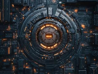 Fototapeta premium Abstract dark technology background with glowing circles and patterns.