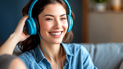 Naklejka premium Woman enjoying music with headphones and a smile