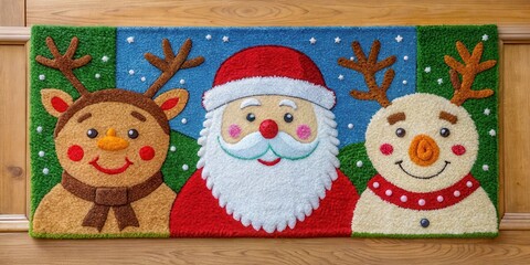 A colorful holiday doormat with a fun design featuring snowmen, reindeer, and Santa Claus is hung at the entrance of a bright and cheerful house , winter fun, festive decoration