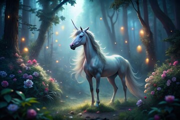 Naklejka premium Majestic Maternity: Unicorn Mother in Low-Light Enchanted Forest