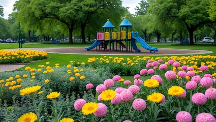 Obraz premium Vibrant park blooms with yellow and pink flowers