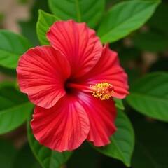 Close-up of vibrant red hibiscus flower against green leaves, flora, tropical, beautiful