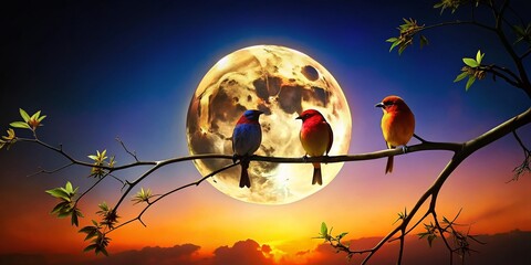 Majestic Moonlit Birds: Three Silhouetted Birds on Branch, Tilt-Shift Photography