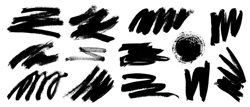 Abstract grunge brush strokes set. Black vector ink textured paint marks on white background. Designer paint spots with uneven smudged edges as background for text.