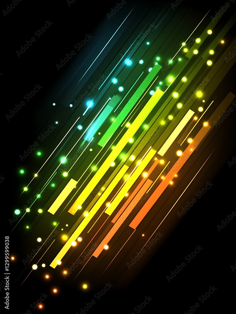 Poster brilliant spectrum with linear shapes and luminous particles on black field