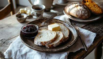 A rustic breakfast setting with sliced round sourdough bread, fresh butter, and jam on an earthy ceramic plate, set on a farmhouse table