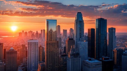 Obraz premium Stunning city skyline at sunset with reflective buildings