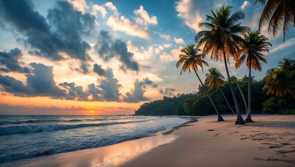Serene sunset over palm tree beach landscape