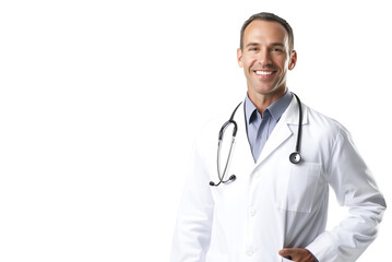 A doctor wearing a white coat, with a stethoscope around their neck and a smiling expression with empty space for greeting or presenting something on transparent background. Ai Generate