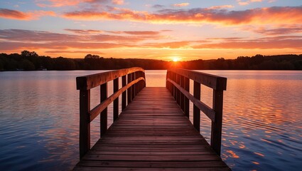 Fototapeta premium Serene sunset reflection over a wooden bridge