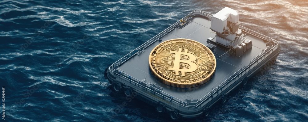 Poster a robotic device on a floating platform holds a large bitcoin, symbolizing cryptocurrency's influenc