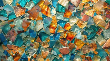 Mosaic Tiles: Small, vibrant pieces of glass or stone arranged to form intricate patterns, often used in art, architecture, and decorative installations.
