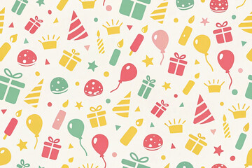 Seamless pastel birthday pattern with gifts, balloons, crowns, and cake icons.