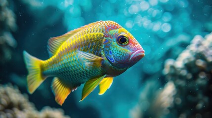 Naklejka premium Rainbow-Colored Fish: Vibrantly colored fish like bettas and parrotfish shimmer with iridescent scales, creating a dazzling rainbow of colors in any aquatic setting. 