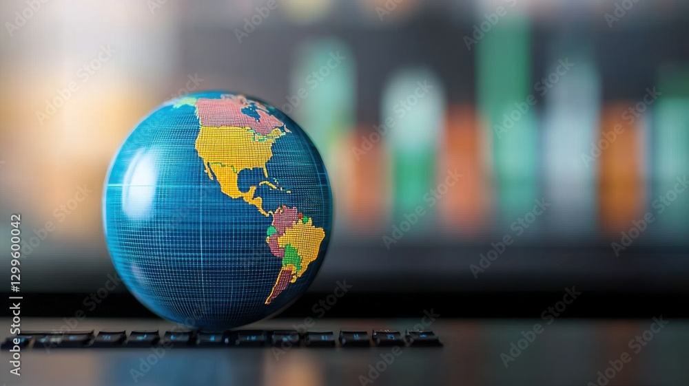 Poster a colorful globe representing the americas, set against a blurred background of financial graphs and