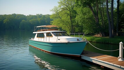 Obraz premium Serene boat docked by a calm lake