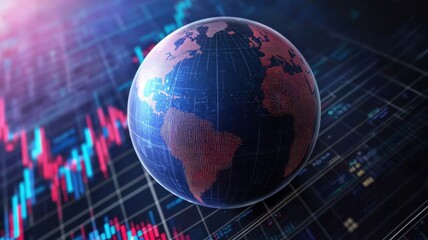 A stylized globe with glowing continents overlaid on digital data charts, representing global markets and data analysis.