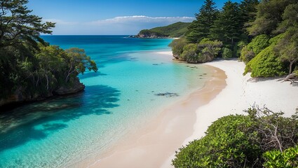 Serene beach oasis with clear blue ocean and white sand